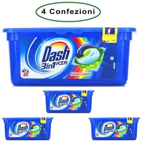 DASH Allin1 Pods Detersivo Per Lavatrice Salva Colore 4 Confezioni Da 30 Capsule