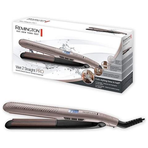 REMINGTON Piastra per Capelli Wet 2 Straight PRO Stretta in Ceramica Infusa di Micro-Particelle Anti-Crespo Temperatura fino a 230°C Display Digitale Colore Beige /Grigio