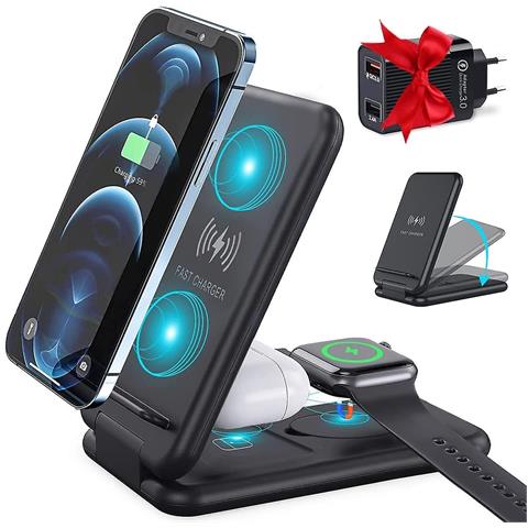 INLAW Caricabatterie A Induzione 3 In 1 Caricabatteria Wireless 15w Compatibile In Rapida Caricata Con Iwatch Se / 6/5/4/3/2, Airpods, Iphone 12 Pro / 12/11 Pro Max / Xs / Xr / X / 8 Plus / 8, Samsung S20 / S10 + Qi Dispositivi Certificati, (nero) 