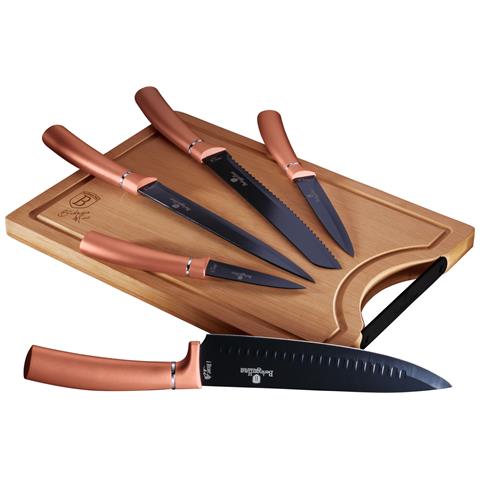 BERLINGER HAUS Rose Gold Set Di 5 Coltelli Da Cucina Professionali Acciaio Inox Coltello Cuoco Tagliere Oro Rosa