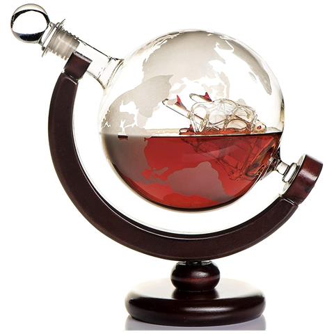 HTN Whisky Decanter Bar Set Con Bicchiere In Legno E Mappa Del Mondo - Regali Per Uomini E Donne - Bottiglia Di Vetro Per Gin Rum Scotch Liquore Bourbon Vodk